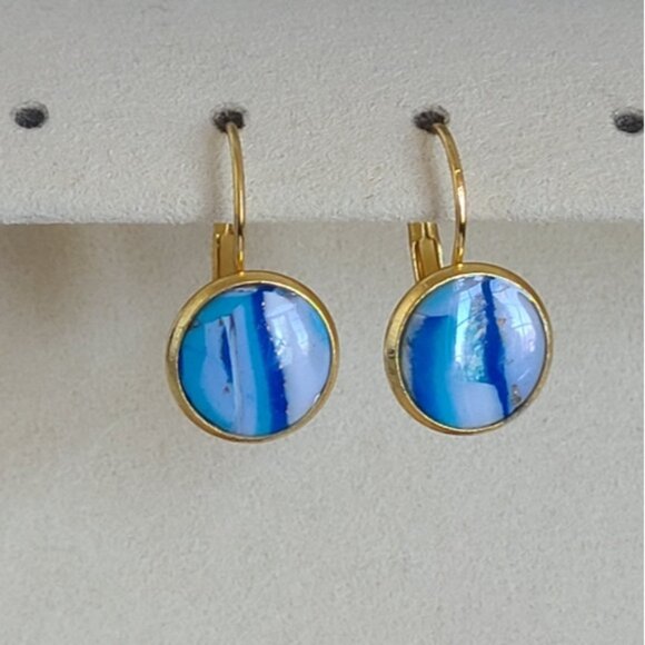 Hand Crafted Boho Gold Blue White Gemstone Marble Circle Drop Dangle Earrings - Picture 4 of 14